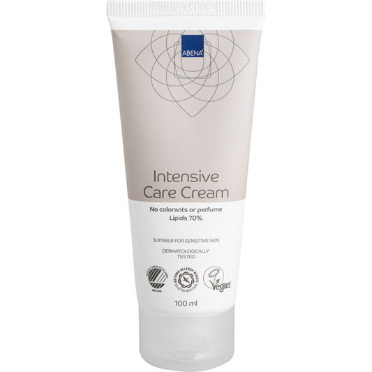 Eine Packung mit 12 x 100 ml Abena Re-Seller GmbH Fettcreme, vegan und dermatologisch getestet, enthält 70% Lipide, ist frei von Farbstoffen und Parfüm - ideal für empfindliche, trockene oder rissige Haut.