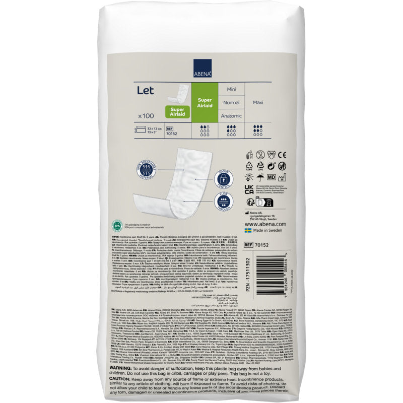 Eine aufrecht stehende weiße Packung ABENA Let Super Airlaid von Abena Re-Seller GmbH (100 Paar) zeigt Produktinfos, Spezifikationen, Symbole und eine Abbildung der Einlagen. Die Einlagen nutzen die fortschrittliche Airlaid-Technologie für die Inkontinenzversorgung.