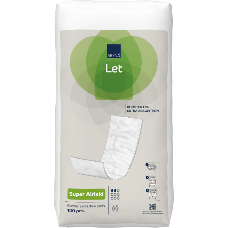 Eine Packung "ABENA Let Super Airlaid" (Abena Re-Seller GmbH) enthält 100 Paar hochsaugfähige Blasenpads mit Booster; die Vorderseite zeigt ein Pad-Bild und Icons für Absorption und Inkontinenzversorgung.