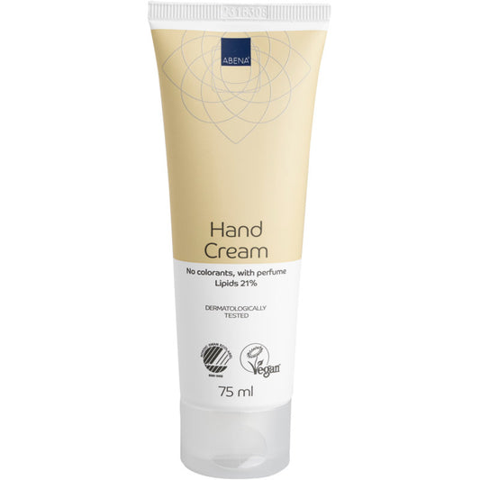 Eine 75 ml Tube Abena Re-Seller GmbH Handcreme, 21% Fettgehalt, leicht parfümiert, mit beige-weißem Design; dermatologisch getestet und frei von Farbstoffen.