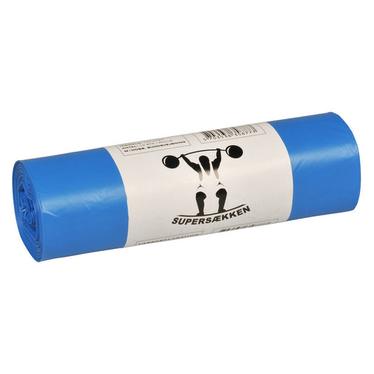Eine blaue Rolle Abena Re-Seller GmbH Abfallsäcke 120 L (700x1100 mm, 25 my LLDPE, Rolle mit 10 Beuteln) mit einem weißen Etikett, das einen Gewichtheber und den Text "SUPERSÆKKEN.