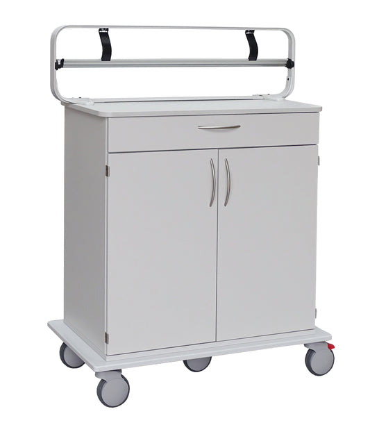 Ein weißer medizinischer Wagen mit flacher Platte, Schublade, Schrank und Rädern verfügt über eine Metallschiene und zwei schwarze Gurte, um den Novocal Abroller für Papierrollen (max. Rollenbreite 100 mm) von Novocal sicher zu halten. Der Wagen ist vor einem schlichten Hintergrund platziert.