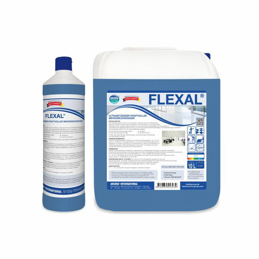 Zwei Behälter des Arcora FLEXAL KRAFTVOLLER MEHRZWECKREINIGER von Arcora International GmbH - eine 1-Liter-Flasche und ein 10-Liter-Kanister - sind mit blauer Flüssigkeit gefüllt. Dieser kraftvolle Reiniger entfernt mühelos selbst hartnäckigen Schmutz.