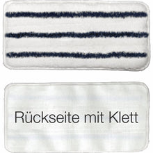 Pictured are two rectangular Arcora hand pads (27x13 cm). The top side is white with three blue stripes, the underside bears the inscription "Back with Velcro" in black and shows its Velcro back. Brand: Arcora International GmbH.