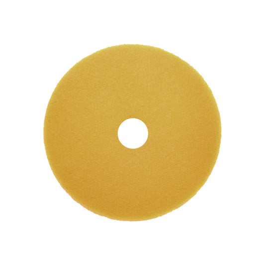 Ein gelber, kreisförmiger Arcora Sunshine Fine No3 Block (Karton, 10 Stück) von Arcora International GmbH mit Mittelloch, von oben gesehen auf weißem Hintergrund - perfekt als Reinigungsartikel für die gewerbliche Reinigung.