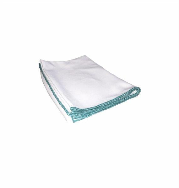 Das Arcora Glass-Shine Microfaser Gläser Poliertuch von Arcora International GmbH, in weiß mit grünem Rand, ist perfekt zum Reinigen oder Polieren von Gläsern. Packung (1 Stück), gefaltet auf weißem Hintergrund abgebildet.