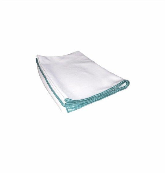 Das Arcora Glass-Shine Microfaser Gläser Poliertuch von Arcora International GmbH, in weiß mit grünem Rand, ist perfekt zum Reinigen oder Polieren von Gläsern. Packung (1 Stück), gefaltet auf weißem Hintergrund abgebildet.