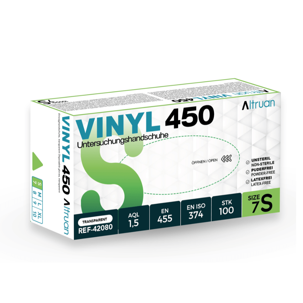 Eine Schachtel Altruan Vinyl 450 Einmalhandschuhe, transparent, Größe 7S, enthält 100 latex- und puderfreie Einweghandschuhe. Entspricht den Normen EN 455 und ISO 374. Marke: Altruan.