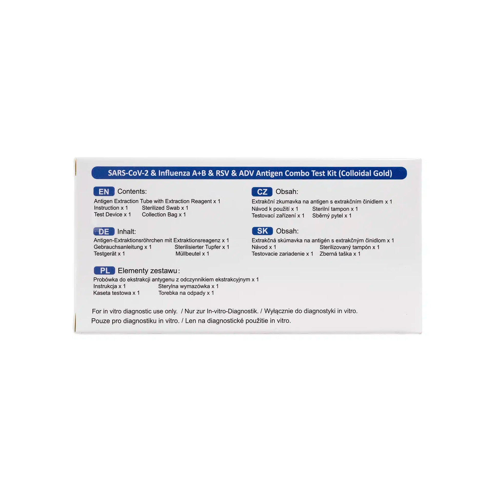 Eine weiße Schachtel von Altruan zeigt Informationen über den DeepBlue Combo 5in1 Antigen Schnelltest - SARS-CoV-2, Influenza A+B, RSV & Adenovirus (1 Stück) in Englisch, Tschechisch und Slowakisch mit klaren Angaben zu Inhalt und Verwendungszweck.