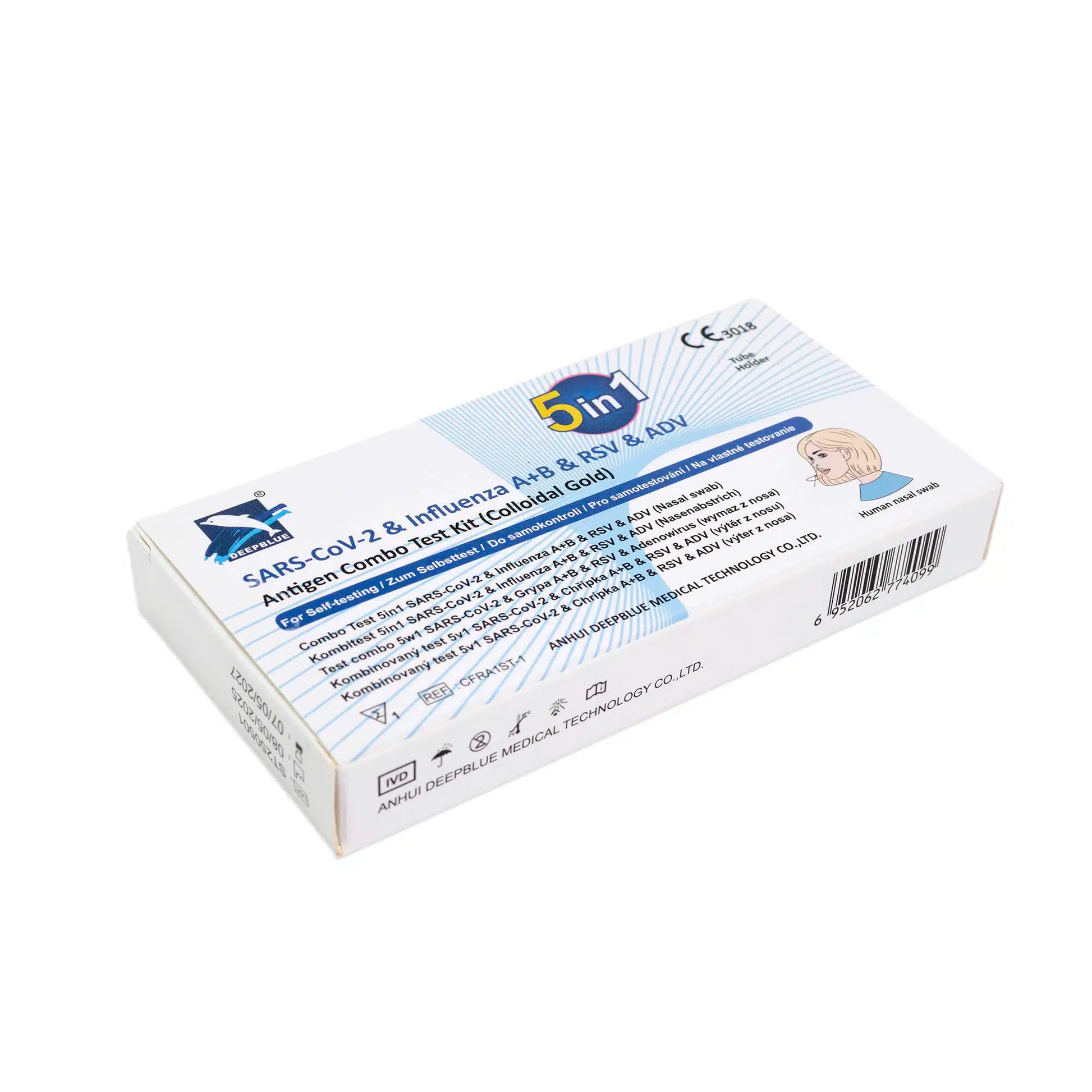 Der Altruan DeepBlue Combo 5in1 Antigen Schnelltest (SARS-CoV-2, Influenza A+B, RSV & Adenovirus) wird in einer rechteckigen blau-weißen Verpackung mit Anleitung und Produktdetails geliefert. Die Packung enthält 1 Stück.