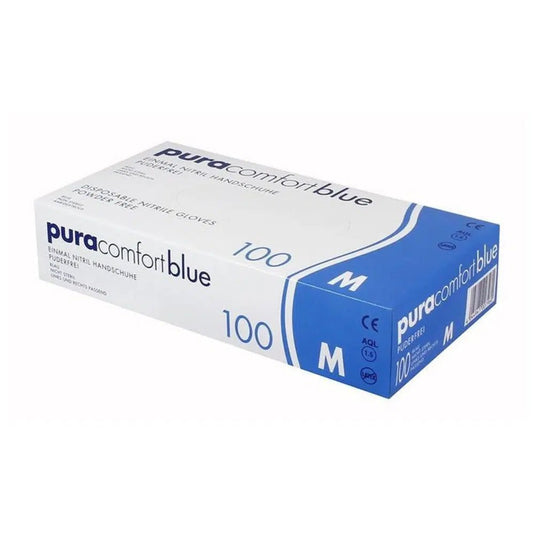 A white-and-blue box of AMPri Pura Comfort blue nitrile gloves, size Medium, containing 100 gloves. These nitrile examination gloves from AMPri Handelsgesellschaft mbH are powder-free and latex-free, making them ideal for use in the food industry or medical facilities. The box also features a barcode and symbols with detailed product information.