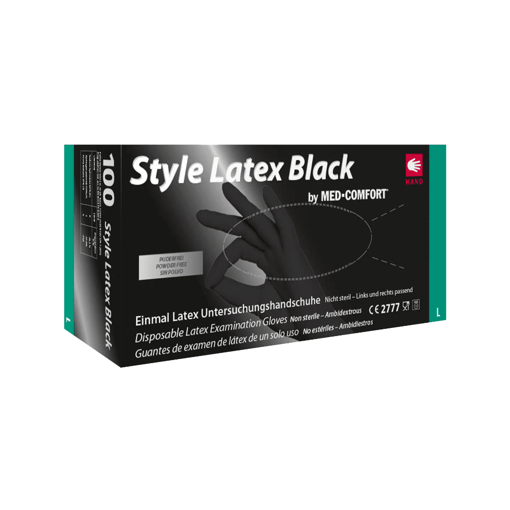 Schachtel mit Einweg-Untersuchungshandschuhen aus Latex AMPri Style Latex Black von AMPri Handelsgesellschaft mbH. Die Verpackung enthält einen Text in Deutsch und Englisch, der darauf hinweist, dass die Handschuhe unsteril, beidhändig tragbar und in Größe L sind. Auf der Schachtel ist ein Bild einer behandschuhten Hand abgebildet.