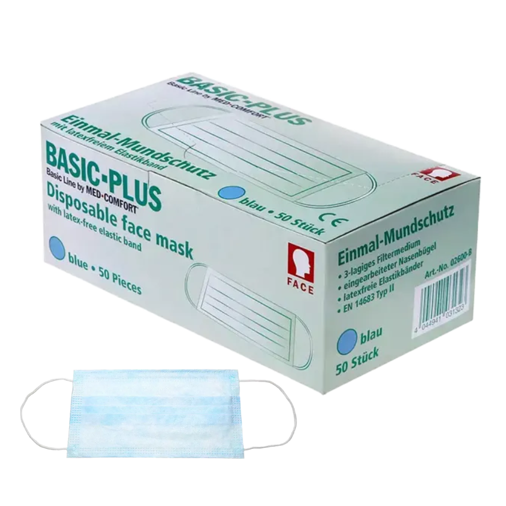 Eine blau-weiße Schachtel mit der Aufschrift „AMPri BASIC-PLUS OP Maske 3-lagig. Typ II, verschiedene Farben“ von AMPri Handelsgesellschaft mbH enthält 50 Masken. Auf der Schachtel sind Produktdetails zu sehen, darunter die blaue Farbe und die latexfreie Eigenschaft. Unter der Schachtel ist außerdem eine einzelne blaue 3-lagige Einwegmaske separat abgebildet.