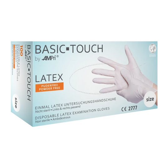 Eine Schachtel AMPri BASIC-TOUCH Latexhandschuhe puderfrei, weiß. Die Schachtel trägt die Aufschrift „Powder Free“ und zeigt eine Abbildung einer behandschuhten Hand. Der Text ist in Deutsch und Englisch verfasst. Die Schachtel enthält 100 beidhändig tragbare, unsterile Einmalhandschuhe weiß in nicht näher spezifizierter Größe der Marke AMPri Handelsgesellschaft mbH.