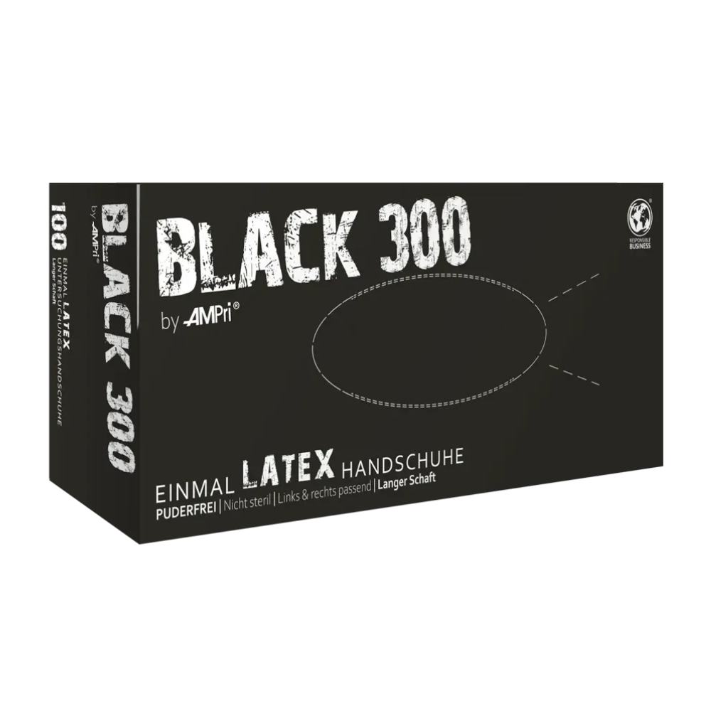 Eine Blackbox mit der Aufschrift „AMPri BLACK 300 Latexhandschuhe mit Überlänge puderfrei, Schwarz“ der AMPri Handelsgesellschaft mbH enthält 100 hygienische Schutzhandschuhe. Der Text besagt, dass diese schwarzen Latexhandschuhe puderfrei, unsteril, beidhändig tragbar sind und über lange Stulpen verfügen. Der Hintergrund ist schlicht und enthält keine zusätzlichen Bilder oder Grafiken.