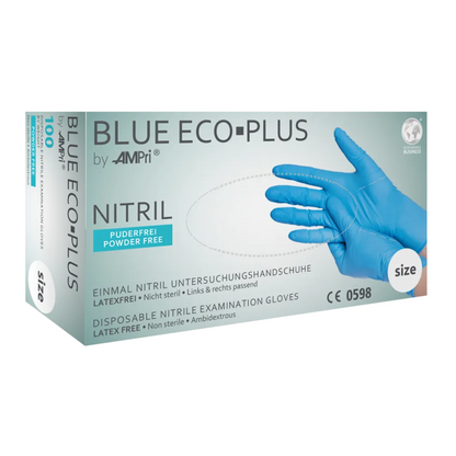A box of AMPri BLUE ECO-PLUS powder-free nitrile gloves, blue disposable examination gloves made of nitrile by AMPri Handelsgesellschaft mbH. The box is labeled as powder-free, latex-free, non-sterile, ambidextrous, and contains 100 gloves. Ideal for the food industry, the image shows a hand wearing a blue glove.