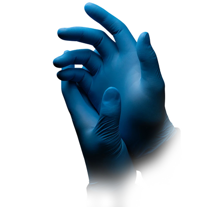 A pair of hands with AMPri BLUE ECO-PLUS powder-free nitrile gloves, blue, from AMPri Handelsgesellschaft mbH. The hands are close together, the fingers are slightly curved, and a white background highlights the gloves.