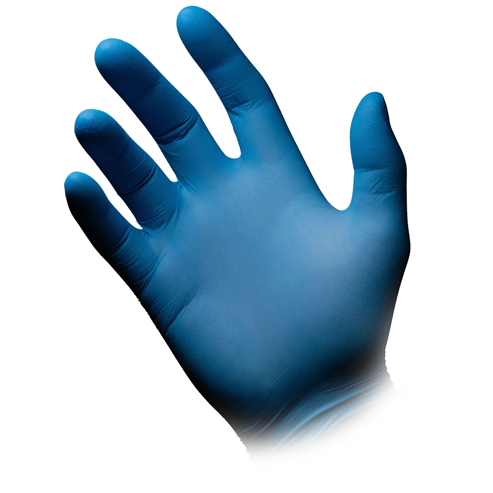 A left hand, clad in an AMPri BLUE ECO-PLUS powder-free nitrile glove from AMPri Handelsgesellschaft mbH, is depicted with the fingers of the blue glove spread against a white background. The wrist area recedes into the background, giving the impression that the glove extends beyond the visible.