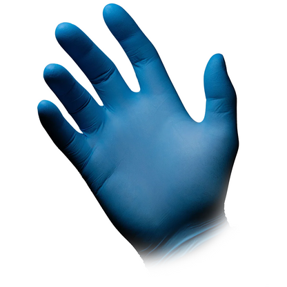 A left hand, clad in an AMPri BLUE ECO-PLUS powder-free nitrile glove from AMPri Handelsgesellschaft mbH, is depicted with the fingers of the blue glove spread against a white background. The wrist area recedes into the background, giving the impression that the glove extends beyond the visible.