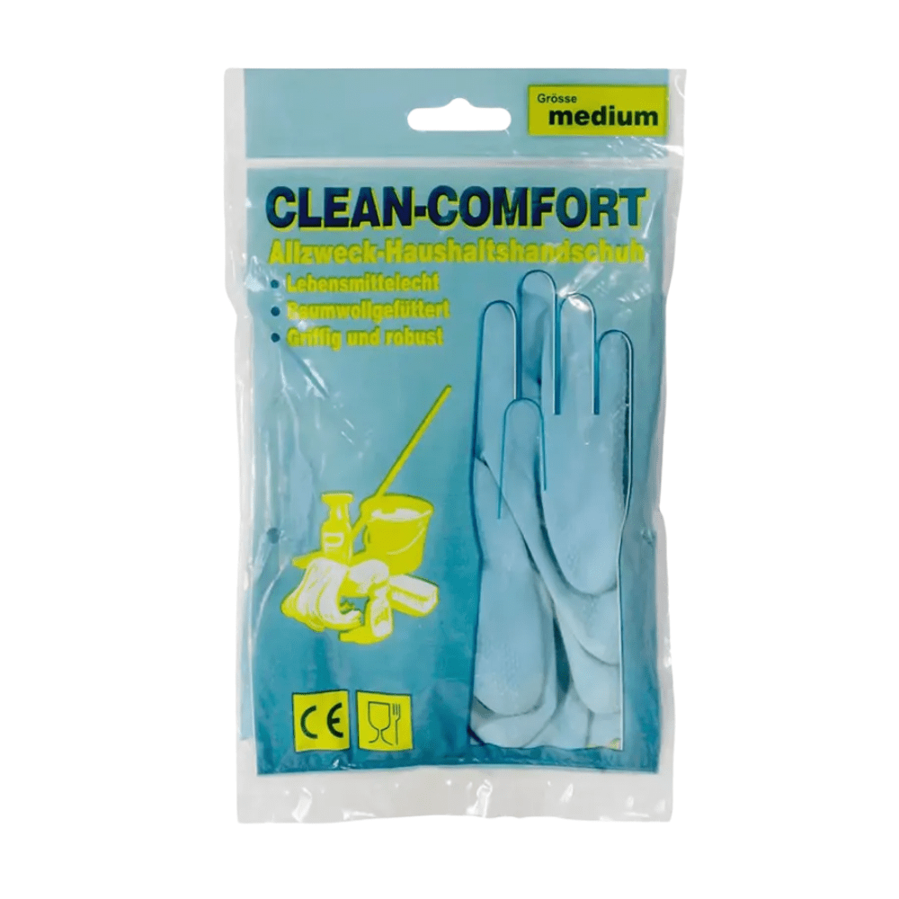 A pack of AMPri CLEAN-COMFORT latex household gloves powder-free in medium size, suitable for universal household use. The predominantly blue-yellow packaging shows images of the gloves and cleaning items. Labels indicate that they are food-safe and lined with cotton for more comfort. These AMPri CLEAN-COMFORT latex gloves from AMPri Handelsgesellschaft mbH are perfect for various tasks.