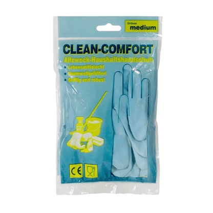 A pack of AMPri CLEAN-COMFORT latex household gloves powder-free in medium size, suitable for universal household use. The predominantly blue-yellow packaging shows images of the gloves and cleaning items. Labels indicate that they are food-safe and lined with cotton for more comfort. These AMPri CLEAN-COMFORT latex gloves from AMPri Handelsgesellschaft mbH are perfect for various tasks.