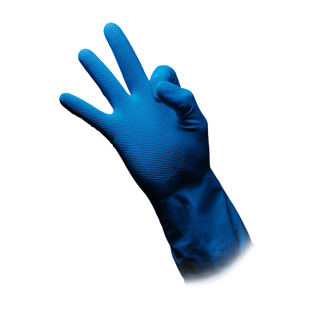 A blue AMPri CLEAN-COMFORT latex household glove with a textured surface is held upright. The thumb and index finger of the glove touch, while the middle, ring, and little fingers are extended. Ideal for various tasks as a perfect Clean-Comfort latex glove from AMPri Handelsgesellschaft mbH. Depicted against a white background.