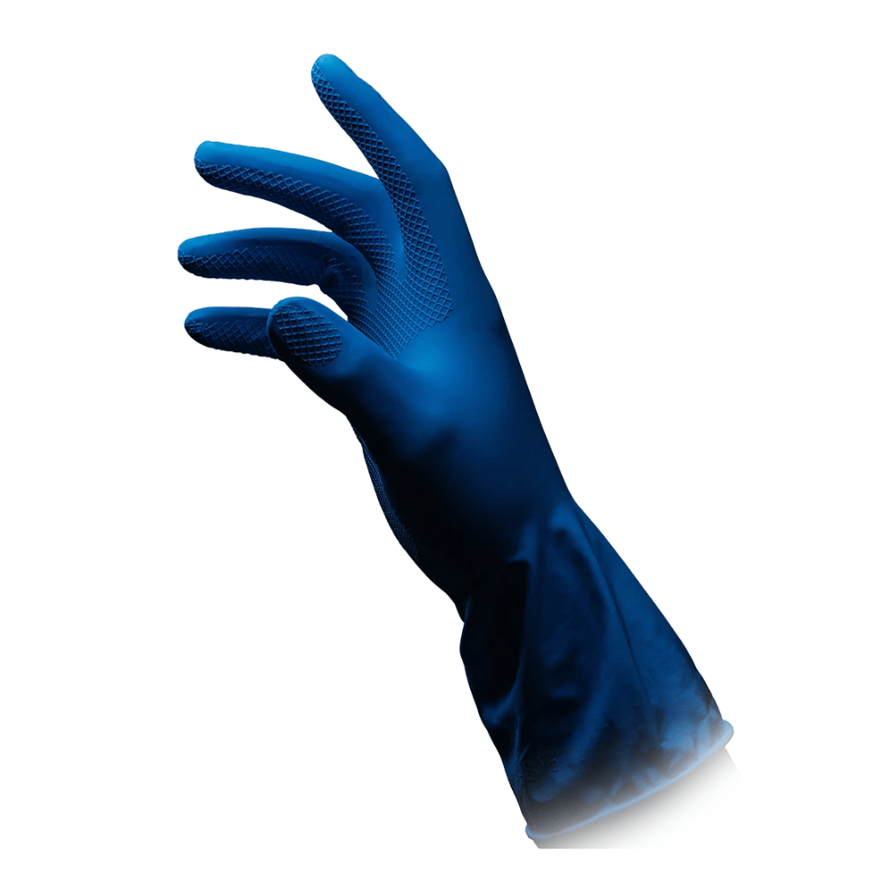 A blue latex household glove from the CLEAN-COMFORT series by AMPri Handelsgesellschaft mbH stands upright, with the palm slightly facing left, against a plain white background. The powder-free AMPri CLEAN-COMFORT latex household gloves seem designed for tasks requiring excellent grip and protection.
