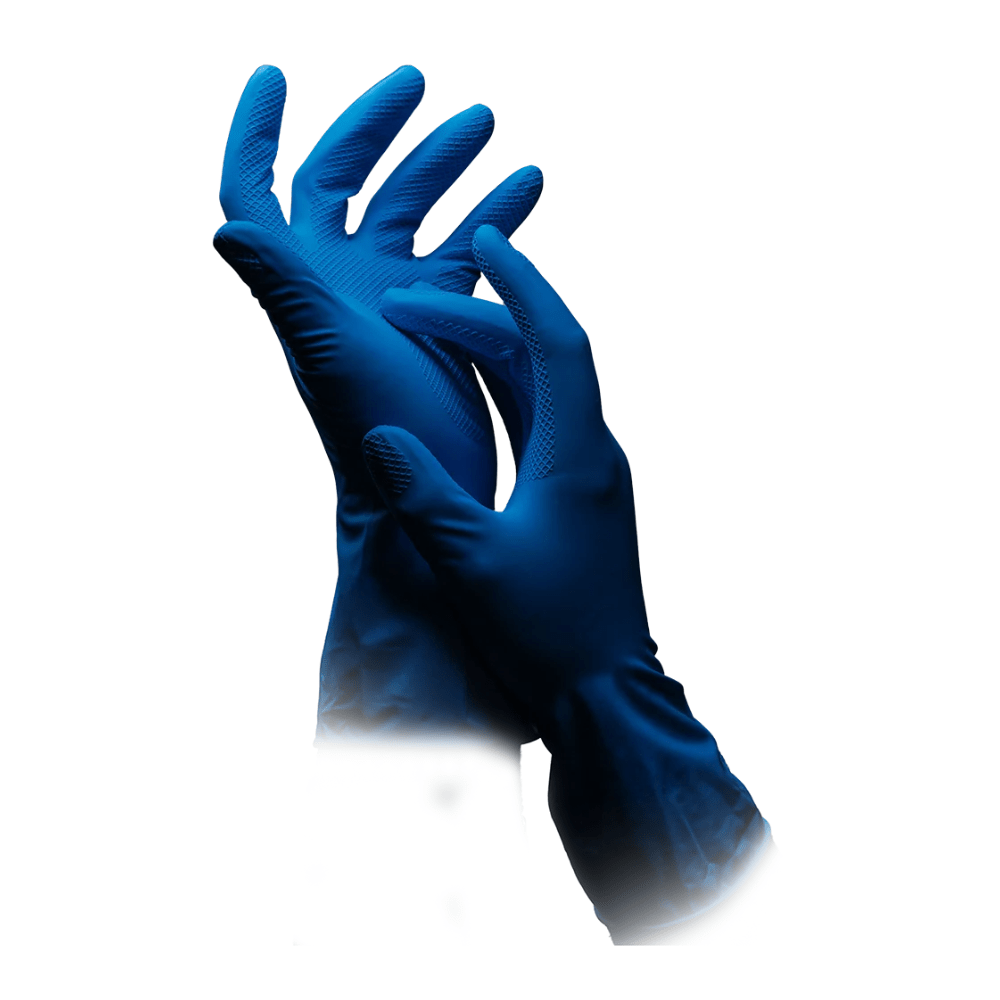 A pair of hands with blue nitrile gloves, with one hand lying over the other, as if adjusting or putting on the AMPri CLEAN-COMFORT latex household gloves powder-free from AMPri Handelsgesellschaft mbH. The gloves are form-fitting and textured at the fingertips. The background is white and plain.