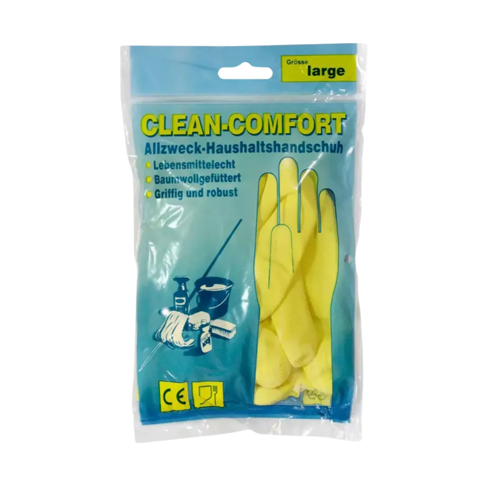 Das Bild zeigt eine Packung AMPri CLEAN-COMFORT Latex-Haushaltshandschuhe puderfrei, die für große Hände konzipiert sind. Die blaue und durchsichtige Kunststoffverpackung präsentiert die gelben Handschuhe im Inneren. Der Text auf der Vorderseite betont ihre Lebensmittelsicherheit, ihr Baumwollfutter, ihren langlebigen Griff und dass sie puderfrei sind. Diese Handschuhe werden von der AMPri Handelsgesellschaft mbH hergestellt und sind in verschiedenen Farben erhältlich.