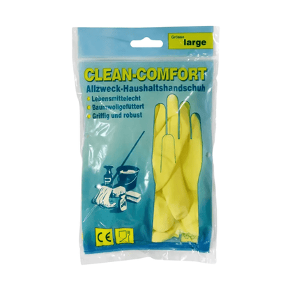 The image shows a pack of AMPri CLEAN-COMFORT latex household gloves powder-free, designed for large hands. The blue and transparent plastic packaging presents the yellow gloves inside. The text on the front emphasizes their food safety, cotton lining, durable grip, and that they are powder-free. These gloves are manufactured by AMPri Handelsgesellschaft mbH and are available in different colors.