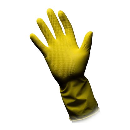 An AMPri CLEAN-COMFORT latex household glove in yellow is shown with the palm facing forward. The glove from AMPri Handelsgesellschaft mbH features a textured grip surface on the palm and fingers and extends slightly beyond the wrist. The white background emphasizes its practicality for various tasks.