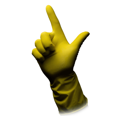 A yellow AMPri CLEAN-COMFORT latex household glove powder-free from AMPri Handelsgesellschaft mbH is depicted against a plain white background. The glove is shaped like an 'L', with the index finger pointing up and the thumb extended horizontally. It features a textured grip on the palm and fingers, highlighting its powder-free properties for versatile use.