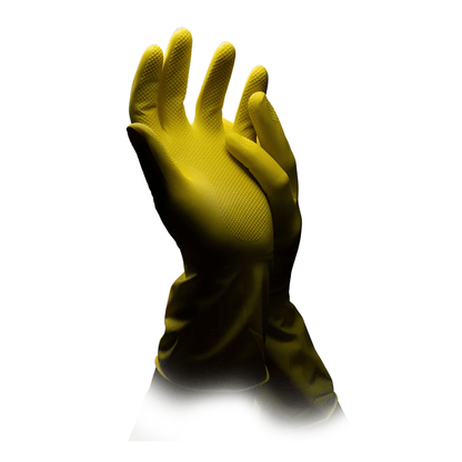 Against a white background, a pair of latex-free AMPri CLEAN-COMFORT household gloves from AMPri Handelsgesellschaft mbH is depicted. One yellow glove is shown with an open palm, while the other glove slightly overlaps it. The reusable work protection gloves feature textured surfaces on the palms and fingers to enhance grip.