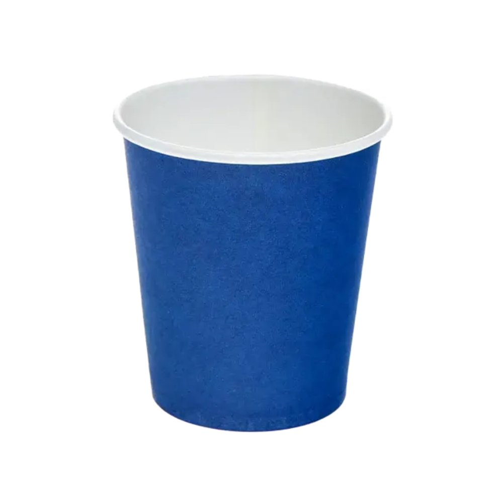 The AMPri Dental hard paper mouthwash cup, a product of AMPri Handelsgesellschaft mbH, is plain blue on the outside and white on the inside, making it ideal for single-use in the dental practice. The cup is clearly visible against a white background.