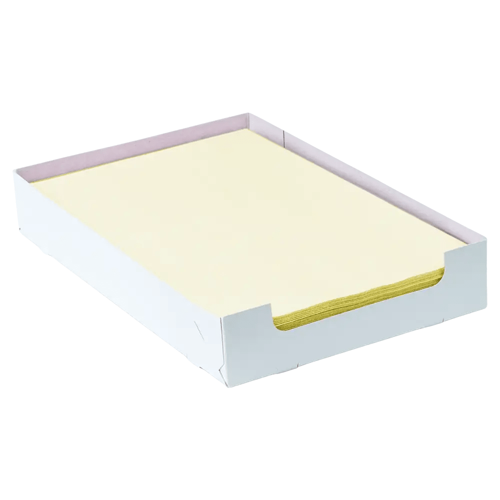 A stack of yellow sheets of stationery lies neatly in an AMPri Dental crepe pad tray filter box, which has a light pink hue on the inside and stands out against a pristine white background.