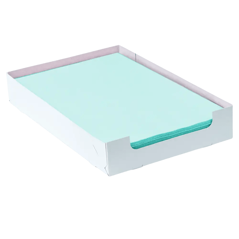 A light blue AMPri Dental crepe paper tray filter, measuring 18 x 28 cm, is neatly placed in an open white tray from AMPri Handelsgesellschaft mbH. The tray has slightly raised sides and a flat bottom.