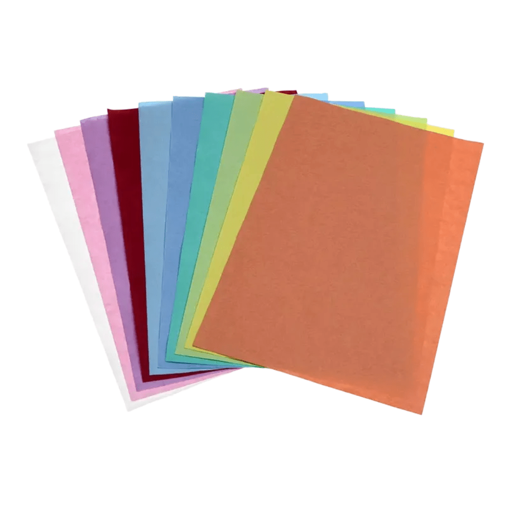 A fan-shaped display of AMPri Dental Crepe Liner Tray Filter Paper by AMPri Handelsgesellschaft mbH showcases sheets in vibrant shades of orange, yellow, green, blue, purple, red, pink, and white against a clean background.