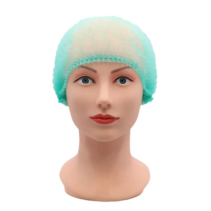 The head of a mannequin is adorned with a light blue AMPri ECO-PLUS clip cap, ideal for use in the medical field. It shows a neutral expression against a plain white background.