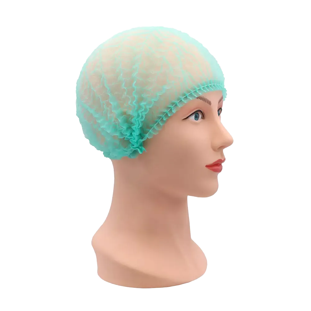 The head of a mannequin is adorned with a light blue, ruffled bathing cap reminiscent of an AMPri ECO-PLUS clip cap and is approximately 44 x 51 cm in size. The cap completely covers the head. The mannequin is depicted in profile and looks to the right with painted facial features against a plain white background.
