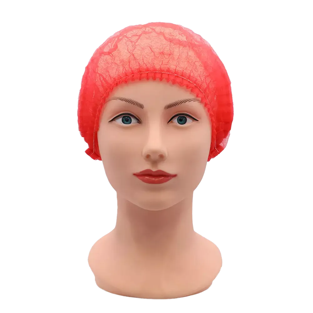 A mannequin head is adorned with the AMPri ECO-PLUS clip cap, a red disposable hair cap from AMPri Handelsgesellschaft mbH, commonly used in the medical field. The cap has a mesh-like texture and completely envelops the head, while the mannequin stands against a flawlessly white background.