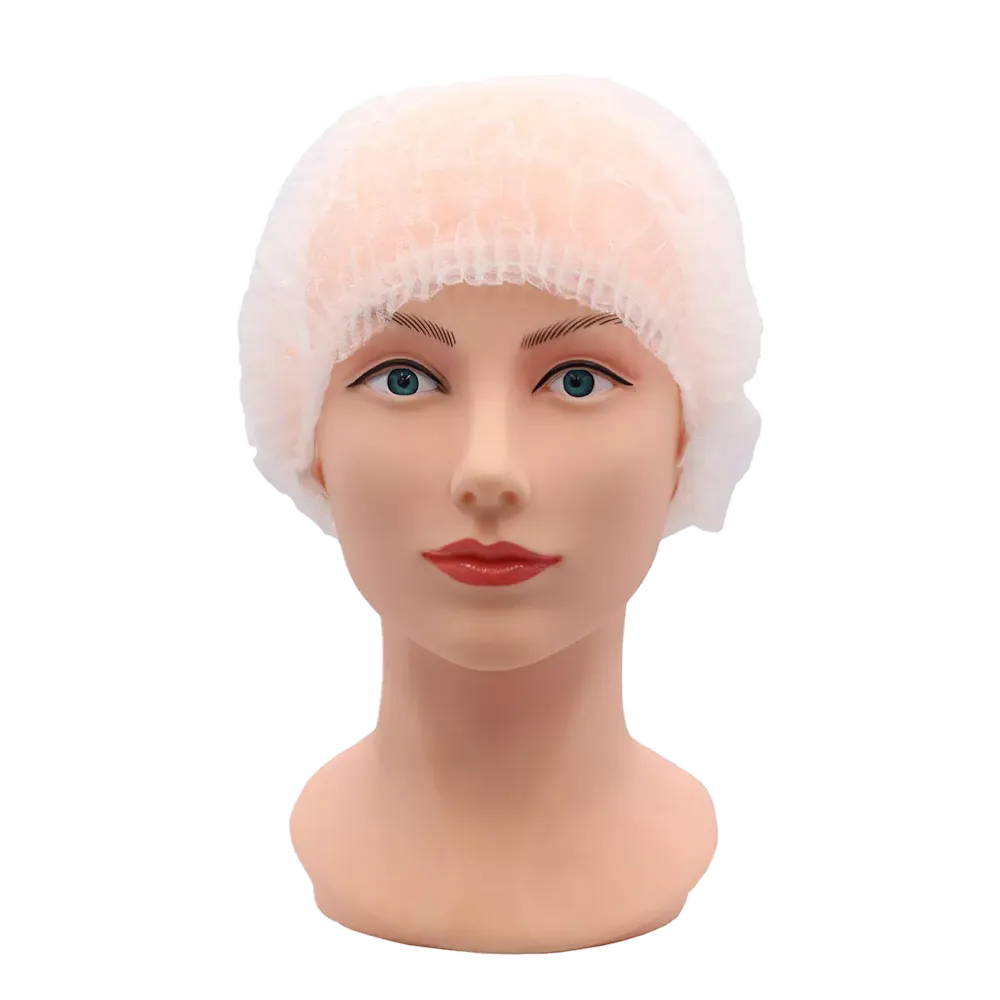 A mannequin head with light skin tone wears an AMPri ECO-PLUS clip cap from AMPri Handelsgesellschaft mbH. This white disposable hair net, designed for the medical field, fits snugly and completely covers the hair. The mannequin also has blue eyes and red lips.