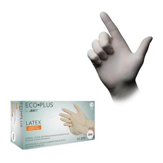 Links ist eine Schachtel AMPri ECO-PLUS Latexhandschuhe puderfrei, weiß von AMPri Handelsgesellschaft mbH abgebildet. Rechts ist eine einzelne Hand mit einem der Handschuhe zu sehen, der Daumen ist nach oben gestreckt. Das Design auf Schachtel und Handschuh ist schlicht, der Text ist überwiegend deutsch.