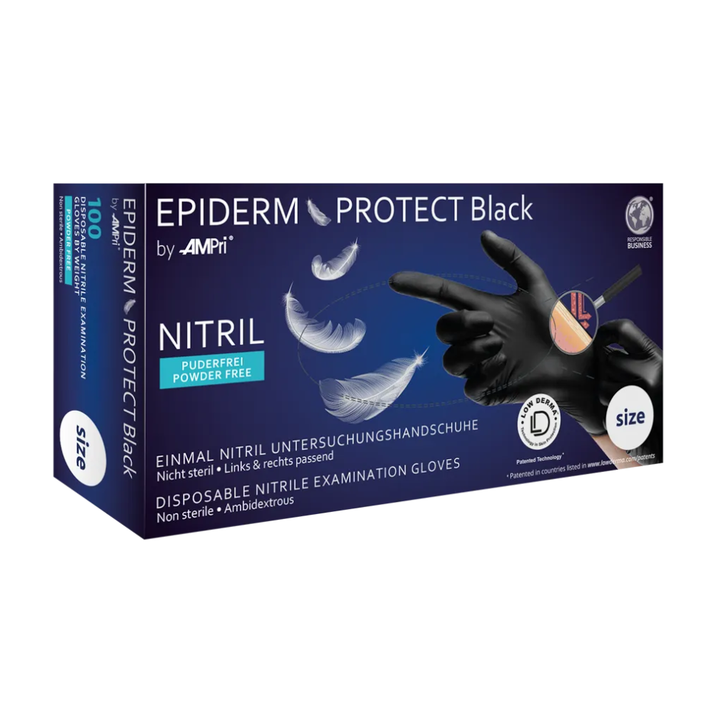 Abgebildet ist eine Schachtel AMPri Epiderm Protect Black Nitrilhandschuhe von MED-COMFORT, Marke AMPri Handelsgesellschaft mbH. Die überwiegend schwarze Schachtel mit blau-weißem Text zeigt das Bild einer behandschuhten Hand und weißer Federn. Diese schwarzen Handschuhe sind unsteril, beidhändig tragbar und puderfrei, mit 100 Stück pro Schachtel.