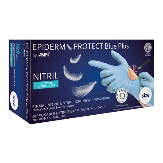 Eine Schachtel AMPri Epiderm Protect Blue PLUS Nitrilhandschuhe von MED-COMFORT, die 100 puderfreie, unsterile, beidhändig tragbare blaue Handschuhe enthält, die für die Lebensmittelindustrie geeignet sind. Die Verpackung zeigt ein Bild einer Hand, die einen blauen Handschuh trägt, und mehrsprachigen Text.