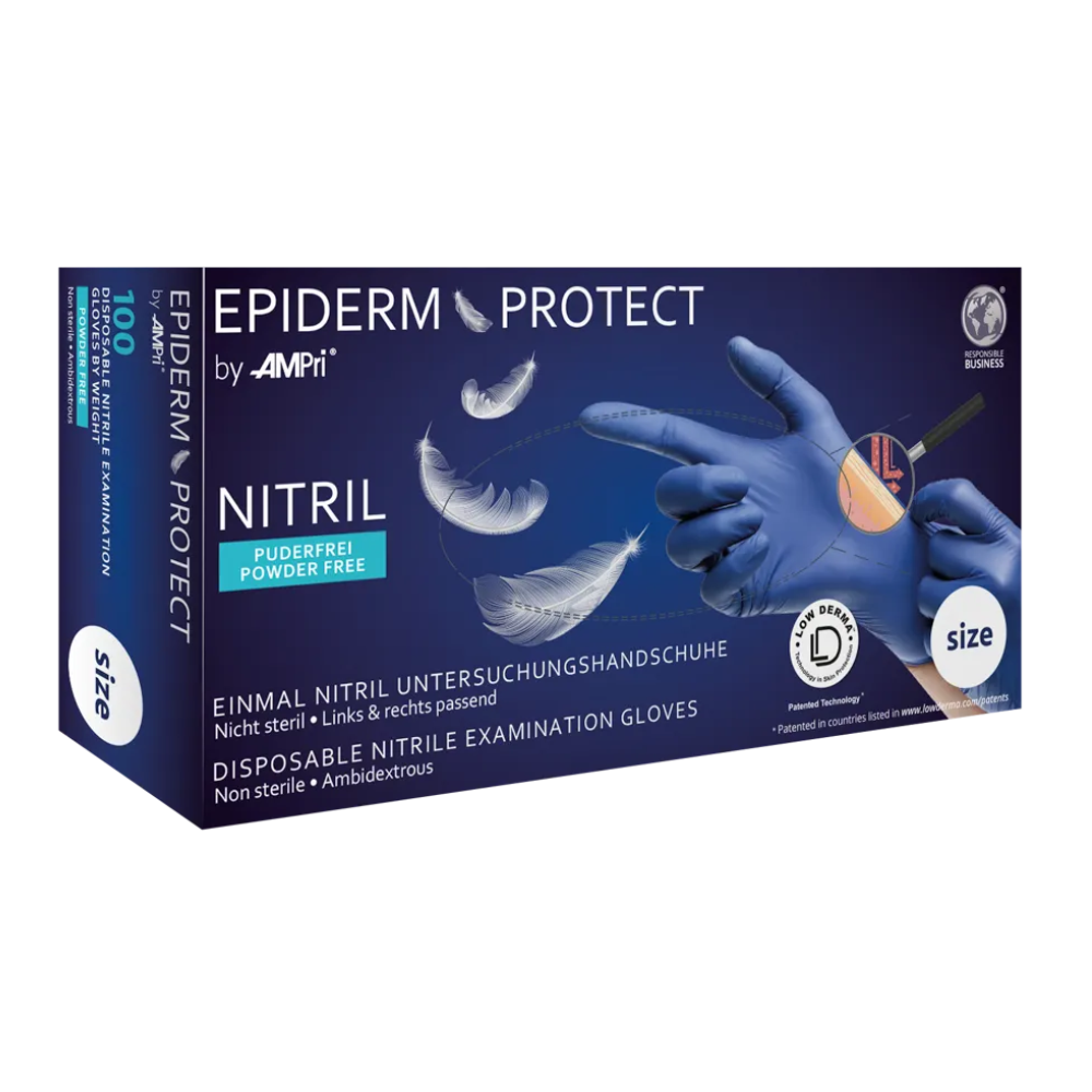A box of AMPri Epiderm Protect nitrile gloves from MED-COMFORT powder-free, metallic blue. The metallic blue box shows the image of a hand wearing a blue glove and holding a feather. Labels indicate that the gloves are non-sterile, powder-free, and ambidextrous, and the size is specified. The box contains 100 pieces and is manufactured by AMPri Handelsgesellschaft mbH.