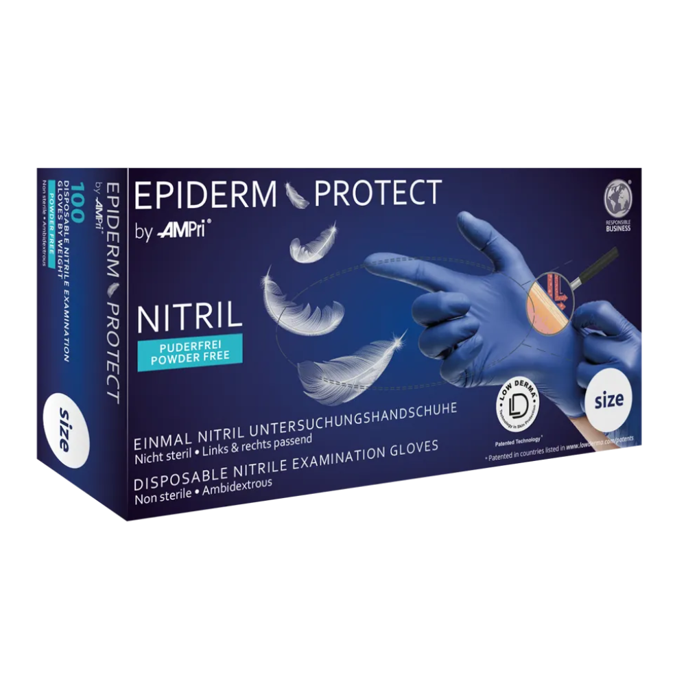 Eine Schachtel AMPri Epiderm Protect Nitrilhandschuhe von MED-COMFORT puderfrei, metallblau. Die metallblaue Schachtel zeigt das Bild einer Hand, die einen blauen Handschuh trägt und eine Feder hält. Etiketten zeigen an, dass die Handschuhe unsteril, puderfrei und beidhändig tragbar sind, und die Größe ist angegeben. Die Schachtel enthält 100 Stück und wird von der AMPri Handelsgesellschaft mbH hergestellt.