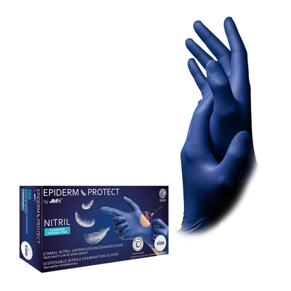 A box of AMPri Epiderm Protect nitrile gloves from MED-COMFORT powder-free, metallic blue (100 pieces) by AMPri Handelsgesellschaft mbH is displayed next to a pair of hands wearing metallic blue gloves. On the box labeled "powder-free," a hand pointing to the right is depicted.