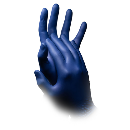 A pair of hands with AMPri Epiderm Protect nitrile gloves from MED-COMFORT powder-free in metallic blue by AMPri Handelsgesellschaft mbH is seen against a white background. The gloves, delivered in a box of 100 pieces, overlap with slightly spread fingers, creating a sense of depth.