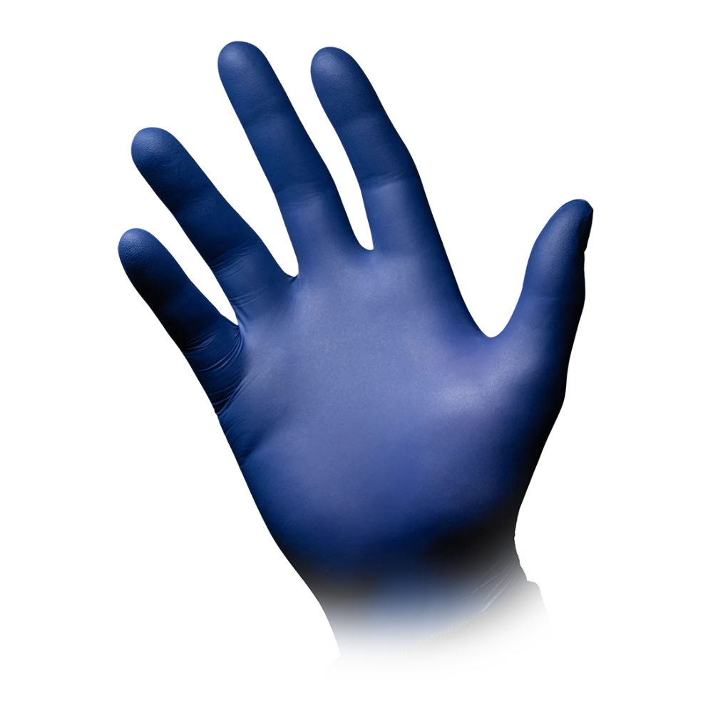 A single AMPri Epiderm Protect nitrile glove from MED-COMFORT in metallic blue is depicted with the palm facing up on a plain white background. The fingers of the powder-free glove are slightly spread.