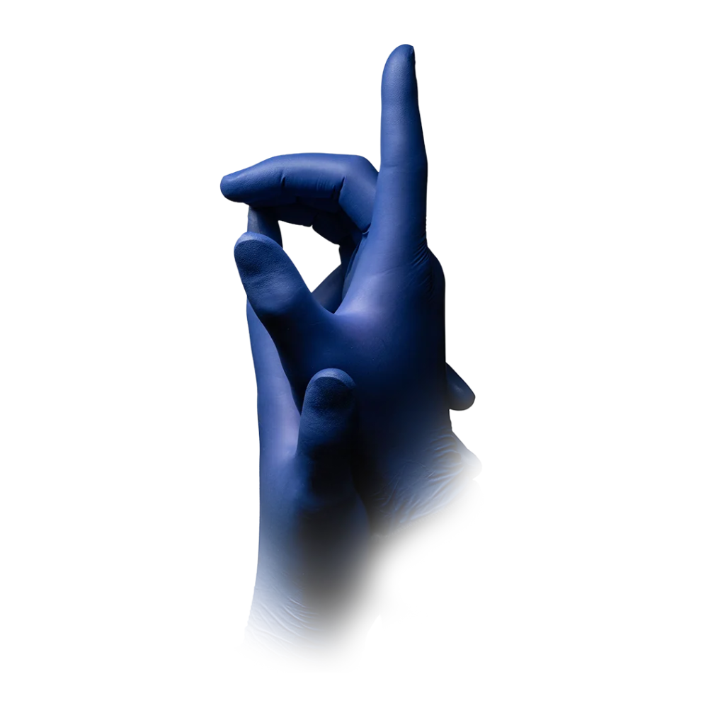Two hands with metallic blue AMPri Epiderm Protect nitrile gloves from MED-COMFORT powder-free by AMPri Handelsgesellschaft mbH are depicted on a white background. One hand appears to be pointing upwards, while the thumb and index finger of the other hand are touching. These powder-free gloves offer both comfort and protection for various tasks.